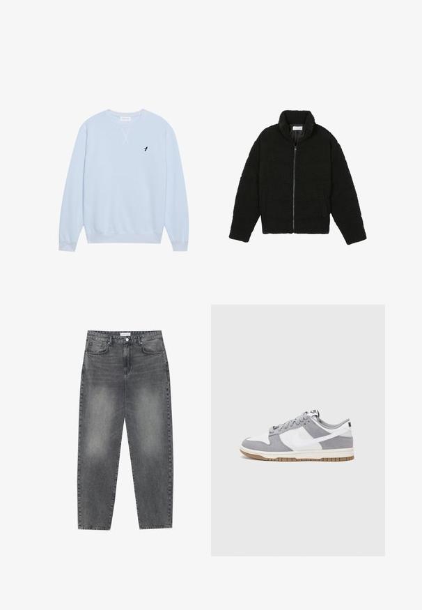 Čierna umelá kožušinová bunda s vysokým golierom, zipsom, elastickými manžetami a prešívaným dizajnom. Má bočné vrecká a jemnú textúru.; Svetlomodrá bavlnená mikina s okrúhlym výstrihom, rebrovanými manžetami a vyšitým čiernym logom vtáka na ľavej hrudi.; Vysoké, voľné džínsy z vyblednutého čierneho denimu. Obsahujú päť vreciek, pútka na opasok a čistý, rovný strih nohavíc.; Sivé a biele tenisky s vrchom z semišu a kože, zaoblenou špičkou, plochými šnúrkami a gumovou podrážkou s akcentom vo farbe gumy.