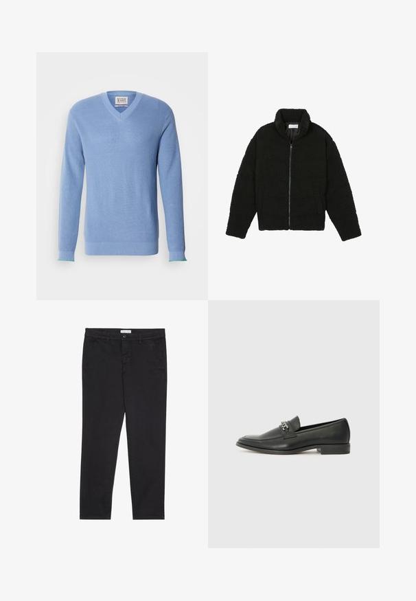 Veste en fausse fourrure noire avec un col haut, fermeture éclair, poignets élastiques et un design matelassé. Elle possède des poches latérales et une texture douce.; Pull à col en V de couleur bleu clair avec une texture côtelée, des manches longues et des accents verts contrastants au niveau des poignets. Il comporte une étiquette au niveau du cou.; Pantalon en coton noir à coupe slim, avec deux poches latérales et une fermeture à bouton à l'avant. Tissu texturé avec des détails subtils.; Mocassin en cuir noir avec une finition lisse, présentant un design cousu et une accent décoratif en chaîne métallique sur le rand. Talon plat.