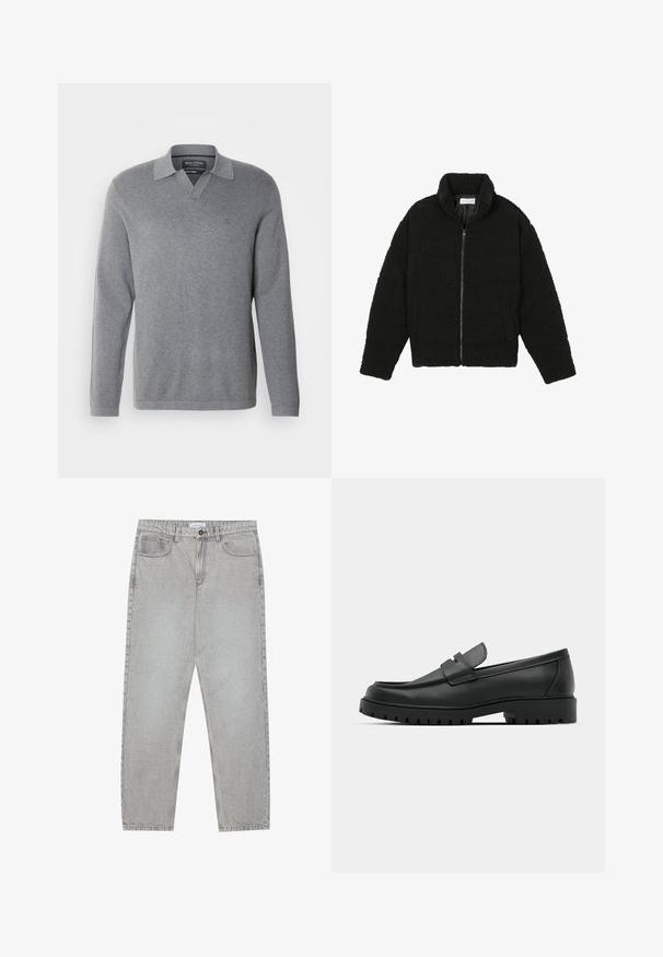 Fekete műszőrme dzseki magas gallérral, cipzáros záródással, rugalmas mandzsettákkal és steppelt mintázattal. Oldalsó zsebekkel rendelkezik, és puha tapintású.; Szürke, hosszú ujjú pólóing puha anyagból. V-alakú nyakkal és galléros kialakítással rendelkezik, a mellkasán pedig egy apró hímzett logó található.; Világosszürke farmernadrág egyenes szabással, öt zsebes stílusban, gombos záródással. Látható varrások az illesztéseknél.; Fekete bőr loafer cipők kerek orral, varrott mintázattal, alacsony platformtalpú és texturált, barázdált gumitalppal.