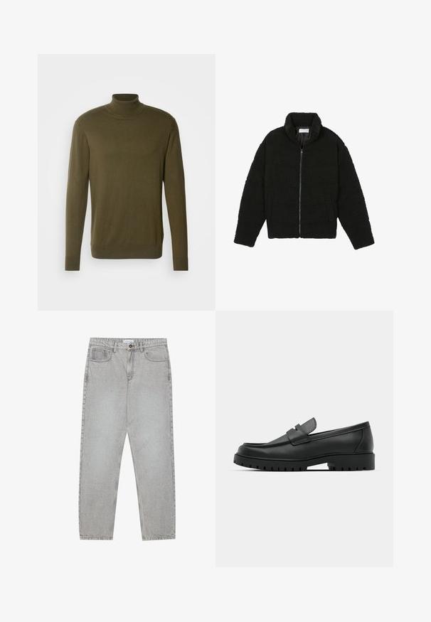 Black faux fur jacket with a high collar, zip closure, elastic cuffs, and a quilted design. Features side pockets and a soft texture.; Olive green turtleneck sweater made from smooth, lightweight fabric; features long sleeves and ribbed cuffs and hem.; Light grey denim pants with a straight-leg design, five-pocket styling, and a button closure. Visible stitching along the seams.; Black leather loafers with a rounded toe, featuring a stitched design, low platform sole, and a textured, lugged rubber outsole.