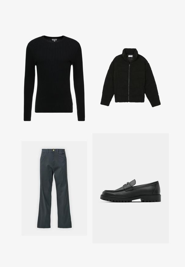 Černá umělá kožešinová bunda s vysokým límcem, zipovým uzávěrem, elastickými manžetami a prošívaným designem. Obsahuje postranní kapsy a jemnou texturu.; Černý žebrovaný svetr s dlouhým rukávem a kulatým výstřihem; texturovaná tkanina s vertikálními pruhy; přiléhavý střih; žádné viditelné ozdoby nebo akcenty.; Černé kalhoty s rovnými nohavicemi, vyrobené z bavlněné směsi. Mají kovové zapínání a boční kapsy. Bez viditelných vzorů.; Černé kožené mokasíny s kulatou špičkou, zdobené prošitím, s nízkou platformou a texturovanou gumovou podrážkou s drážkováním.