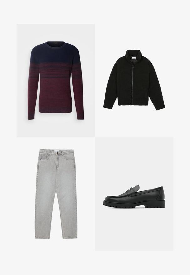 Zwarte faux fur jas met een hoge kraag, ritssluiting, elastische manchetten en een doorgestikt ontwerp. Beschikt over zijzakken en een zachte textuur.; INDICODE JEANS Trui - russet; Lichtgrijze denimbroek met een recht model, vijfzakkenstijl en een knoopsluiting. Zichtbare stiksels langs de naden.; Zwarte leren instappers met een ronde neus, voorzien van een gestikt ontwerp, een lage platformzool en een gestructureerde, grof rubberen buitenzool.