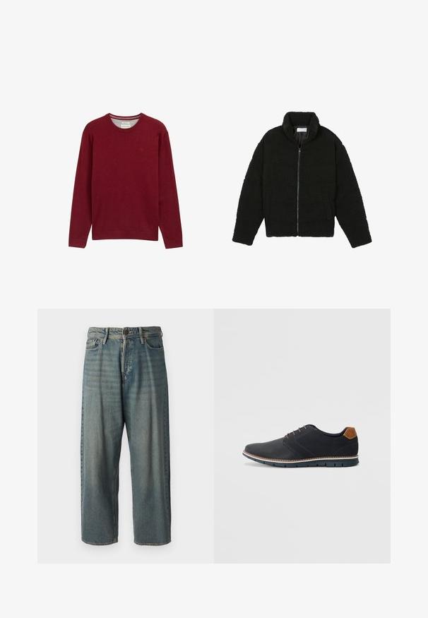 Jachetă din blană sintetică neagră, cu guler înalt, închidere cu fermoar, manșete elastice și un design matlasat. Dispune de buzunare laterale și o textură moale.; Pulover burgundy cu guler rotund, confecționat dintr-un material moale. Are mâneci lungi și manșete cu nervuri, cu un mic detaliu logo pe piept. Textură netedă.; Jeans din denim bleu deschis, cu o croială lejeră, talie medie și picioare drepte. Au cinci buzunare, bucle pentru curea și închidere cu nasture.; Pantofi sintetici negri cu un superior texturat, accente netede, toc maro și o talpă contrastantă. Prezintă un șnur minimalist și detalii de cusătură.