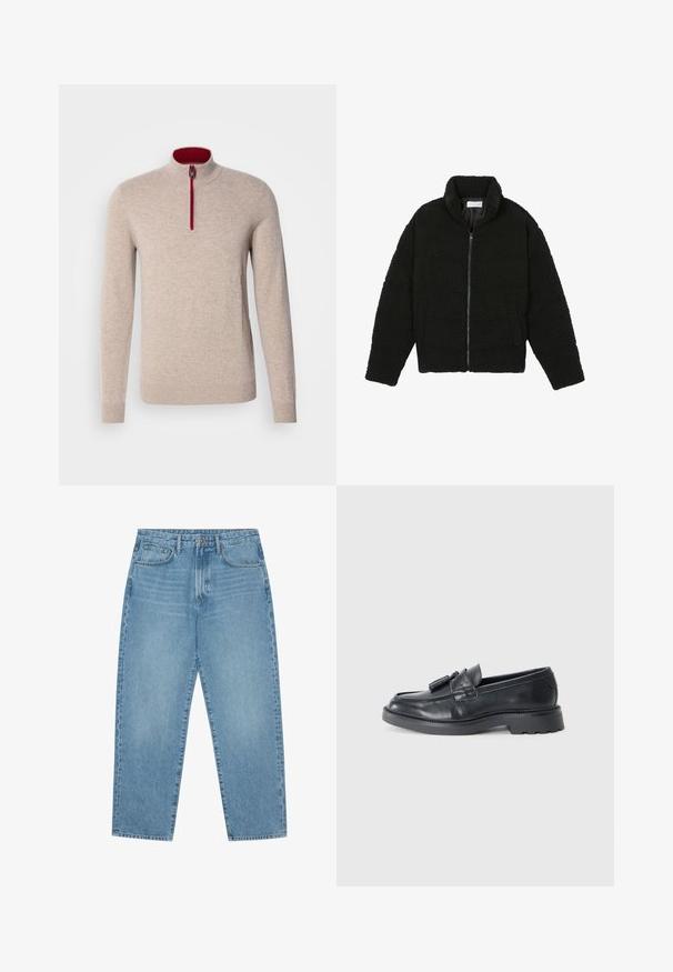 Schwarze Kunstpelzjacke mit hohem Kragen, Reißverschluss, elastischen Bündchen und gestepptem Design. Verfügt über seitliche Taschen und eine weiche Textur.; Beige Pullover mit hohem Kragen und einem kurzen Reißverschluss. Verfügt über rote Akzente entlang des Reißverschlusses und hat eine glatte, weiche Textur.; Hellblaue Jeans im weit geschnittenen Stil mit hoher Taille, ausgestattet mit fünf Taschen, Gürtelschlaufen und einer weichen, leicht verblassten Textur.; Schwarze Leder Slipper mit abgerundeter Spitze, einem Riemen mit Quasten und einer dicken Sohle mit einem Profilmuster. Glatte Textur und klassisches Design.