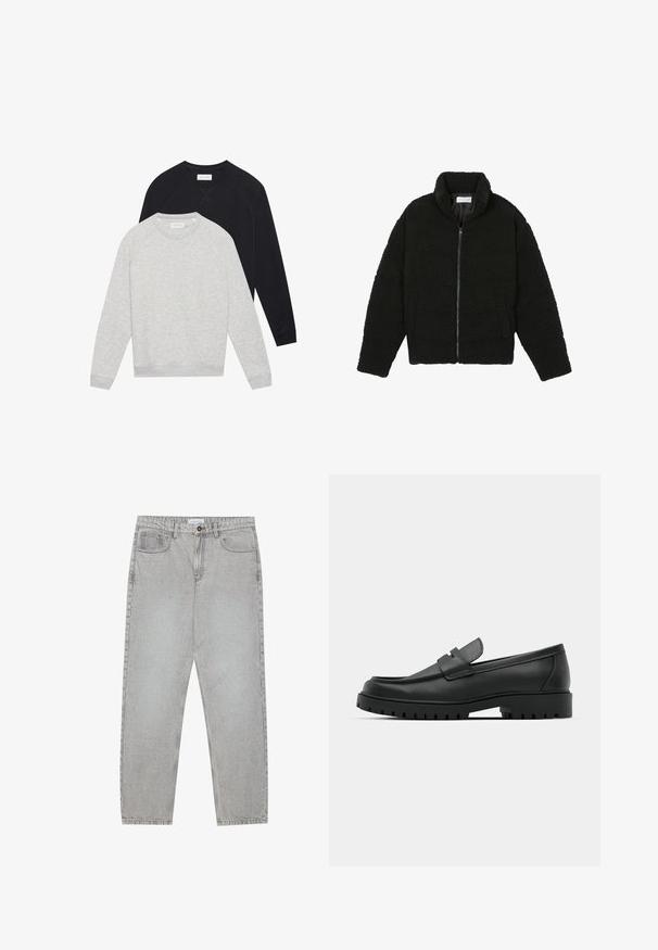 Čierna umelá kožušinová bunda s vysokým golierom, zipsom, elastickými manžetami a prešívaným dizajnom. Má bočné vrecká a jemnú textúru.; Dvoje dlhých rukávov so crewneck strihom, jeden svetlošedý položený pred čiernym, obidva s rebrovanými manžetami a lemom.; Svetlošedé denimové nohavice s rovným strihom, piatimi vreckami a zapínaním na gombík. Viditeľné švy pozdĺž švov.; Čierne kožené mokasíny s okrúhlou špičkou, s prešitým dizajnom, nízkou platformou a textúrovanou, zúbkovanou gumovou podrážkou.