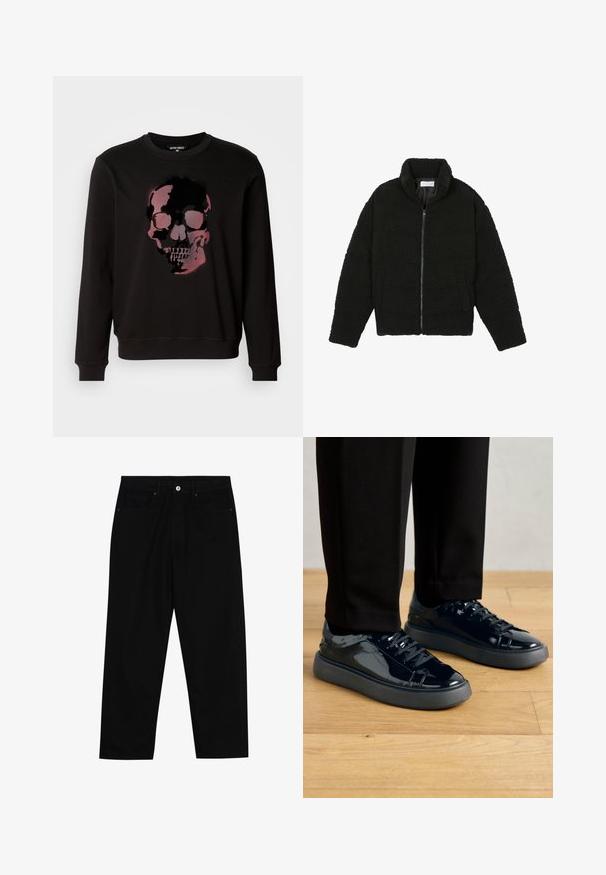 Schwarze Kunstpelzjacke mit hohem Kragen, Reißverschluss, elastischen Bündchen und gestepptem Design. Verfügt über seitliche Taschen und eine weiche Textur.; Schwarzer Sweatshirt mit einem zentralen Grafikdesign eines Schädels in verschiedenen Rosa- und Schwarztönen, mit Rundhalsausschnitt und gerippten Bündchen.; Schwarze Jeans mit geradem Schnitt, Fünf-Taschen-Design und einem vorderen Knopfverschluss. Glatte Textur mit minimalen Nähten.; Schwarze Lackledersneaker mit einer strukturierten Gummisohle, runder Zehenform und passenden schwarzen Schnürsenkeln, kombiniert mit schwarzen Hosen auf einem Holzfußboden.