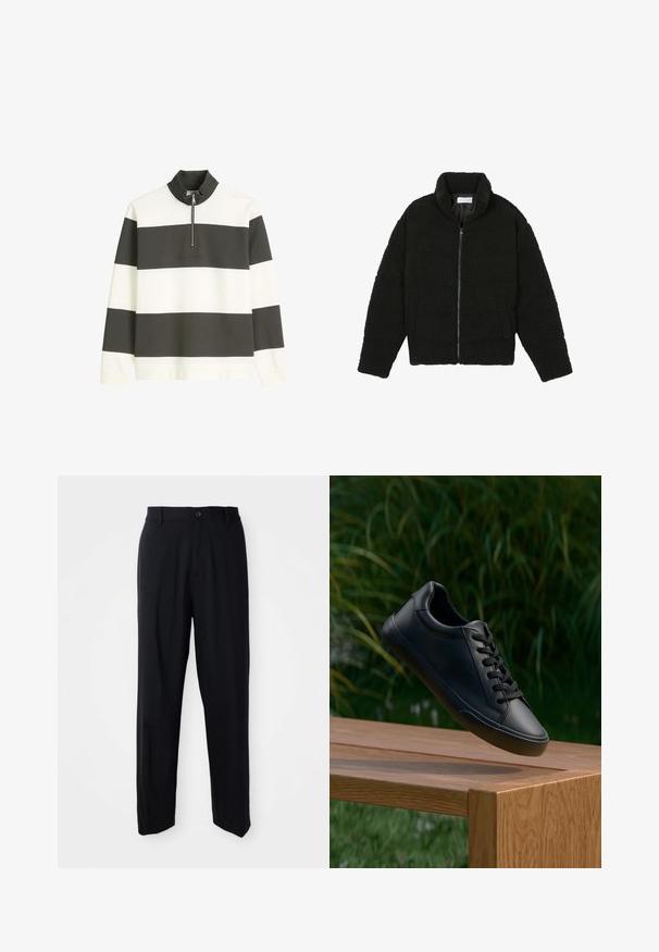 Black faux fur jacket with a high collar, zip closure, elastic cuffs, and a quilted design. Features side pockets and a soft texture.; Striped pullover in white and dark grey fabric, featuring a high collar, half-zip closure, and embossed logo on the front.; Black straight-leg trousers with belt loops, button closure, and a sleek, minimal design on a neutral background.; Black leather sneaker with a smooth texture, round toe, and flat laces, positioned above a wooden surface with green grass in the background.