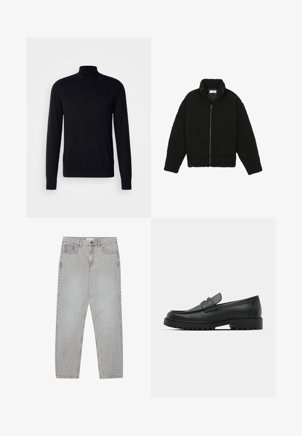 Schwarze Kunstpelzjacke mit hohem Kragen, Reißverschluss, elastischen Bündchen und gestepptem Design. Verfügt über seitliche Taschen und eine weiche Textur.; Schwarzer Rollkragenpullover aus weichem Stoff. Mit langen Ärmeln, geripptem Kragen und Bündchen, hat eine glatte Textur und keine Muster.; Helle graue Jeanshose mit gerade geschnittenem Design, Fünf-Taschen-Stil und Knopfverschluss. Sichtbare Nähte entlang der Seitennähte.; Schwarze Lederloafer mit runder Zehenform, ausgestattet mit einem gesteppten Design, niedrigem Plattformsohle und einer strukturierten, genoppten Gummisohle.