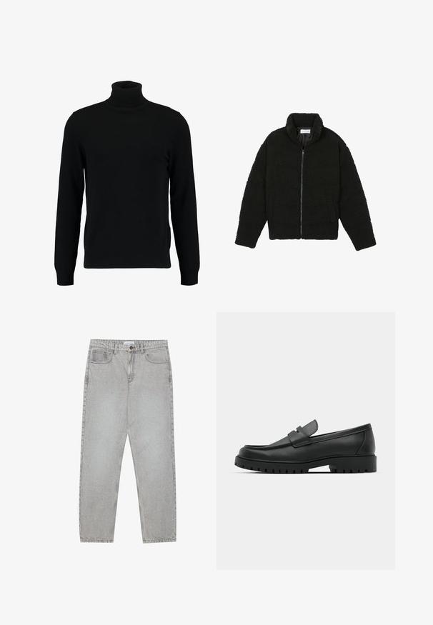 Zwarte faux fur jas met een hoge kraag, ritssluiting, elastische manchetten en een doorgestikt ontwerp. Beschikt over zijzakken en een zachte textuur.; Zwarte coltrui gemaakt van een zacht breimateriaal. Heeft lange mouwen, een geribbelde kraag en zoom. Eenvoudig, strak ontwerp zonder patronen.; Lichtgrijze denimbroek met een recht model, vijfzakkenstijl en een knoopsluiting. Zichtbare stiksels langs de naden.; Zwarte leren instappers met een ronde neus, voorzien van een gestikt ontwerp, een lage platformzool en een gestructureerde, grof rubberen buitenzool.