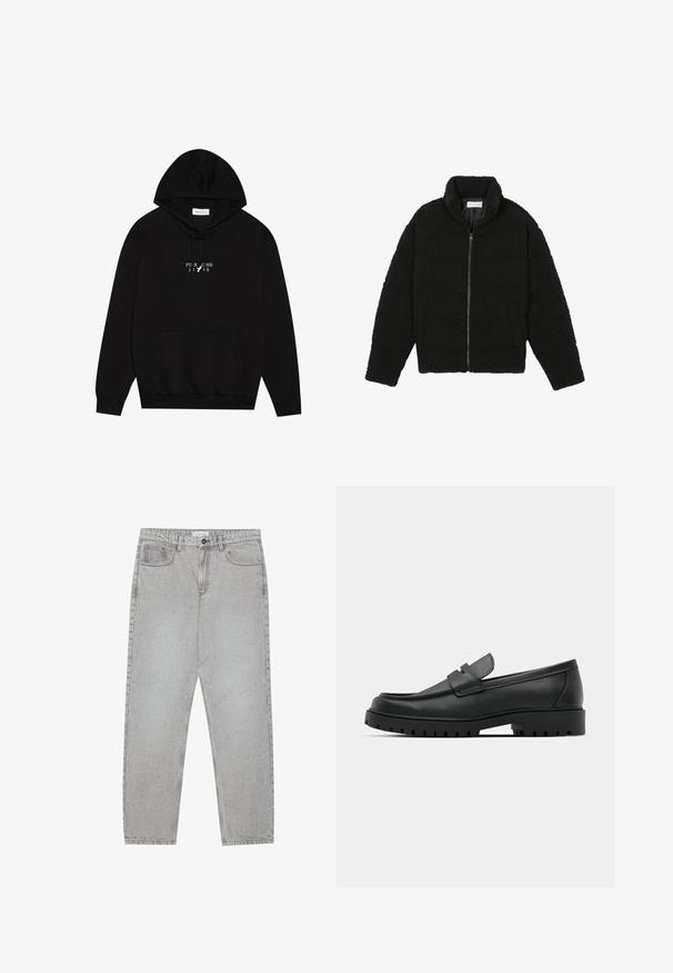 Melnā mākslīgā kažokādas jaka ar augstu apkakli, ar rāvējslēdzēju, elastīgām piedurknēm un kvadrātveida šuvēm. Iespējotas sānu kabatas un mīksta tekstūra.; Pier One Ikdienas džemperis - true black; Gai pelēko džinsu bikses ar taisnajām kājām, piecu kabatu stilu un pogu aizdari. Redzama šuvju apstrāde gar šuvēm.; Melnas ādas loafers ar noapaļotu purngalu, ar izšūtu dizainu, zemu platformas zoli un teksturētu, rievotu gumijas ārējo zoli.