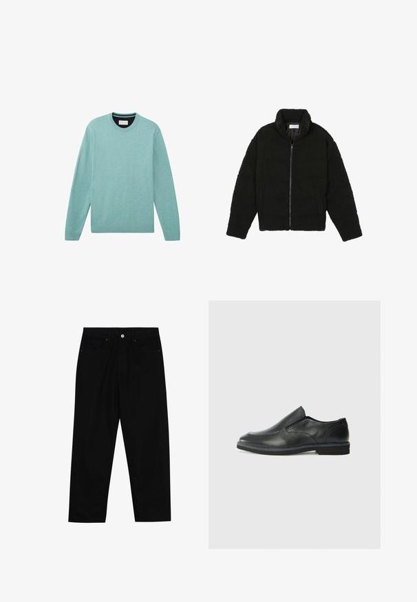 Fekete műszőrme dzseki magas gallérral, cipzáros záródással, rugalmas mandzsettákkal és steppelt mintázattal. Oldalsó zsebekkel rendelkezik, és puha tapintású.; Világoskék pulóver, puha anyagból készült, hosszú ujjal, kerek nyakkal, bordázott mandzsettával, sima felszínnel és finom textúrával.; Fekete farmernadrág, egyenes szabással, öt zsebből álló dizájnnal és elülső gombos záródással. Simább felület minimális varrási részletekkel.; Fekete bőr, slip-on cipő sima felsőrésszel, varrott díszítéssel, lekerekített orral és alacsony gumitalppal. A talpa minimális bordázattal rendelkezik.