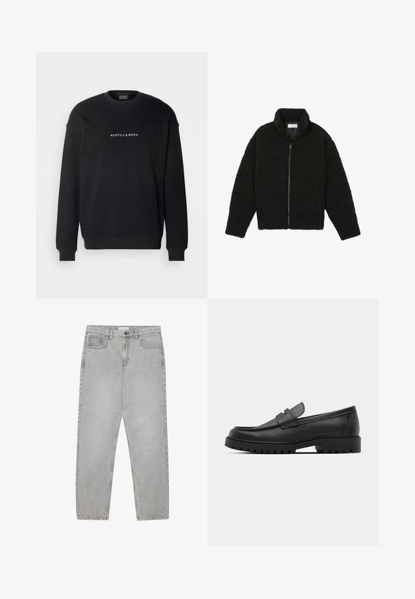Black faux fur jacket with a high collar, zip closure, elastic cuffs, and a quilted design. Features side pockets and a soft texture.; Scotch & Soda CORE LOGO FRONT CHEST - Sweatshirt - black; Light grey denim pants with a straight-leg design, five-pocket styling, and a button closure. Visible stitching along the seams.; Black leather loafers with a rounded toe, featuring a stitched design, low platform sole, and a textured, lugged rubber outsole.