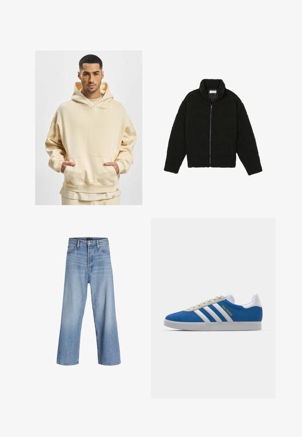Črna jakna iz umetnega krzna z visokim ovratnikom, z zadrgo, elastičnimi manšetami in kviltanim dizajnom. Ima stranske žepke in mehak tekstur.; Bež oversized kapuca izdelana iz mehkega materiala, z velikim sprednjim žepom in kapuco na stegnilo. Spodnji rob vključuje oznako blagovne znamke.; Svijetloplavi traper širokih nogavica s visokim strukom, s kopčanjem na dugme, dizajnom od pet džepova i suptilnim izbljeđivanjem. Čiste završne obrube.; adidas Originals ADIDAS GAZELLE SHOES - Dvoranske nogometne kopačke - real madrid/bluebird/footwear white/crew yellow