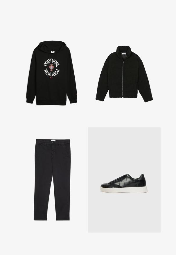 Giacca in pelliccia sintetica nera con colletto alto, chiusura con zip, polsini elasticizzati e design trapuntato. Presenta tasche laterali e una consistenza morbida.; Felpa nera con cappuccio e cordoncino, presenta "PORTOGALLO" in testo bianco, il blasone centrale e accenti rossi. Include una tasca frontale e polsini a coste.; Pantaloni neri in cotone con vestibilità slim, dotati di due tasche laterali e chiusura anteriore con bottone. Tessuto testurizzato con dettagli sottili.; Sneaker nere con una toma superiore in pelle con effetto croc embossato, punta rotonda e suola in gomma bianca a contrasto con una finitura liscia.