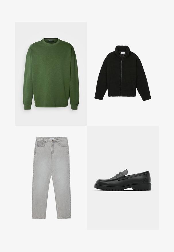 Must must karusnahast jakk kõrge kraega, lukuga sulgemine, elastsed varrukad ja tikandmuster. Omab küljetaskuid ja pehmet tekstuuri.; Roheline särk ümmarguse kaeluse, laia lõike ja pika varrukaga. Valmistatud tekstureeritud kootud kangast, millel on soonikuga varrukasuud ja põhi.; Heledad hallide denimpüksid otse säärekujundusega, viie-taskulise stiliseerimise ja nupukinnitusega. Nähtav õmblus kõrvuti.; Mustad musta nahast loafers, millel on ümar varvas, tikandiga disain, madal platvorm-soon ja tekstureeritud, soonikkummist välistald.