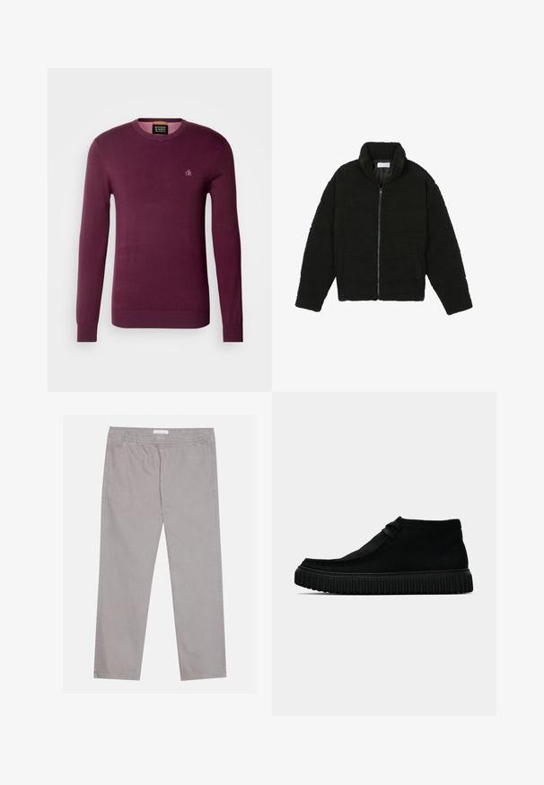 Schwarze Kunstpelzjacke mit hohem Kragen, Reißverschluss, elastischen Bündchen und gestepptem Design. Verfügt über seitliche Taschen und eine weiche Textur.; Bordeauxfarbener Pullover mit langen Ärmeln, rundem Ausschnitt und geripptem Saum. Mit einem kleinen, tonal gehaltenen Logo auf der Brust. Glatte Textur, dünnes Design.; Hellgraue Baumwollhose mit elastischem Bund, zwei seitlichen Taschen, geradem Beinschnitt und glatter Textur. Simple Nahtdetails.; Schwarze Knöchelschuhe aus weichem Material, mit runder Spitze, minimaler Schnürung und einer strukturierten Gummisohle mit vertikalen Rillen.