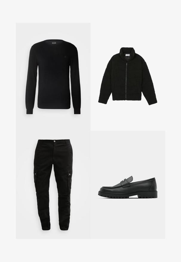 Jachetă din blană sintetică neagră, cu guler înalt, închidere cu fermoar, manșete elastice și un design matlasat. Dispune de buzunare laterale și o textură moale.; Pulover negru tricotat, cu decolteu rotund, mâneci lungi și un mic logo brodat pe piept. Textură moale și design ajustat.; Pantaloni cargo negri, confecționați dintr-un material rezistent, cu buzunare laterale, închidere cu nasture și un design slim fit. Textură fină, cu detalii minime.; Mocasini din piele neagră cu vârful rotunjit, având un design cusut, talpă joasă și o talpă din cauciuc texturat, cu crampoane.