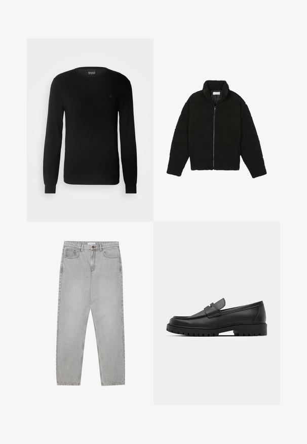 Veste en fausse fourrure noire avec un col haut, fermeture éclair, poignets élastiques et un design matelassé. Elle possède des poches latérales et une texture douce.; Pull en maille noir avec un col rond, des manches longues et un petit logo brodé sur la poitrine. Texture douce et coupe ajustée.; Pantalon en denim gris clair avec une coupe droite, cinq poches et une fermeture à bouton. Coutures visibles le long des coutures.; Mocassins en cuir noir à bout arrondi, avec un design cousu, une semelle plateforme basse et une semelle en caoutchouc texturée et crantée.