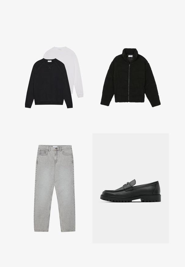 Jachetă din blană sintetică neagră, cu guler înalt, închidere cu fermoar, manșete elastice și un design matlasat. Dispune de buzunare laterale și o textură moale.; Hanorace alb-negru cu guler rotund, fabricate dintr-un material moale. Cel negru are o bandă elastică și manșete întunecate; cel alb are manșete deschise la culoare.; Pantaloni din denim gri deschis cu un design cu picioare drepte, stil cu cinci buzunare și închidere cu nasture. Cusături vizibile de-a lungul cusăturilor.; Mocasini din piele neagră cu vârful rotunjit, având un design cusut, talpă joasă și o talpă din cauciuc texturat, cu crampoane.