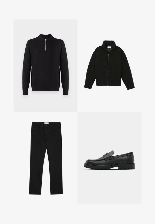 Črna jakna iz umetnega krzna z visokim ovratnikom, z zadrgo, elastičnimi manšetami in kviltanim dizajnom. Ima stranske žepke in mehak tekstur.; Črn pulover s kapuco in zadrgo, dolgimi rokavi, rebrastimi manšeti in robom, izdelan iz mehke, gladke tkanine.; Črne ravne jeans hlače s petimi žepi, z gumbom in zadrgo za zapiranje ter oznako blagovne znamke Pier One na pasu.; Črne usnjene loafers čevlje z zaobljenim nosom, ki imajo šivano zasnovo, nizko platformo in teksturiran, profiliran gumijast podplat.