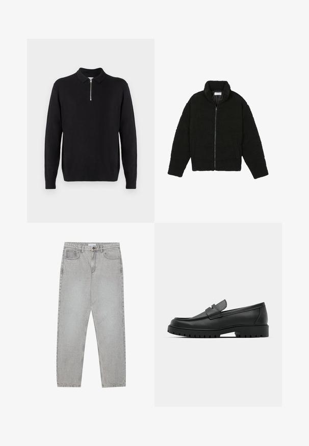 Zwarte faux fur jas met een hoge kraag, ritssluiting, elastische manchetten en een doorgestikt ontwerp. Beschikt over zijzakken en een zachte textuur.; Zwarte pullover trui met een ritskraag, lange mouwen, ribgebreide manchetten en zoom, gemaakt van een zachte, gladde stof.; Lichtgrijze denimbroek met een recht model, vijfzakkenstijl en een knoopsluiting. Zichtbare stiksels langs de naden.; Zwarte leren instappers met een ronde neus, voorzien van een gestikt ontwerp, een lage platformzool en een gestructureerde, grof rubberen buitenzool.