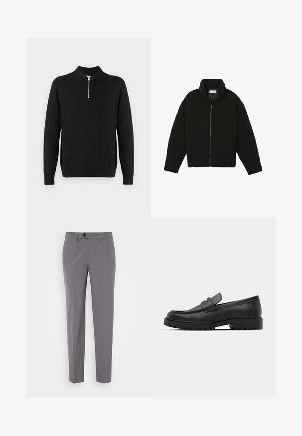 Juoda dirbtinė kailio striukė su aukštu apykakle, užtrauktuku, elastingomis rankovėmis ir siuvinėtu raštu. Su šoninėmis kišenėmis ir švelnia tekstūra.; Juodas megztinis su užtrauktuku ant apykaklės, ilgomis rankovėmis, guminiu apkaustu ir apačia, pagamintas iš švelnios, lygios medžiagos.; Pilkos pritaikytos kelnės su lygia tekstūra, tiesiomis kojomis, užsegimu su viena sagte ir priekinių kišenių dizainu. Be matomų raštų ar akcentų.; Juodi odiniai loaferiai su apvalia nosimi, su siuvinėtu dizainu, žemu platformos padu ir tekstūruotu, sukibimo raštu padu.