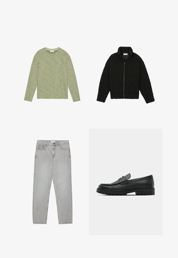 Črna jakna iz umetnega krzna z visokim ovratnikom, z zadrgo, elastičnimi manšetami in kviltanim dizajnom. Ima stranske žepke in mehak tekstur.; Majica z dolgimi rokavi v svetlo zeleni barvi z teksturiranim pletenim vzorcem. Ima sproščen kroj in subtilne barvne razlike.; Svetlo sivi traper hlače s ravnim krojem, pet žepov in gumbom za zapiranje. Vidno šivanje ob šivih.; Črne usnjene loafers čevlje z zaobljenim nosom, ki imajo šivano zasnovo, nizko platformo in teksturiran, profiliran gumijast podplat.