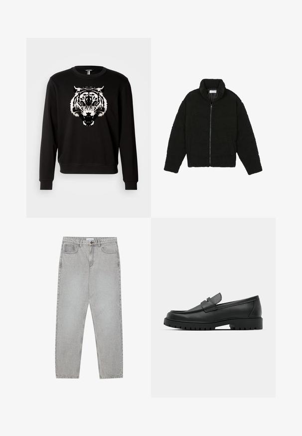 Schwarze Kunstpelzjacke mit hohem Kragen, Reißverschluss, elastischen Bündchen und gestepptem Design. Verfügt über seitliche Taschen und eine weiche Textur.; Schwarzer Sweatshirt mit langen Ärmeln, der auf der Vorderseite ein großes weißes Tiger-Design zeigt. Hergestellt aus Baumwolle mit einem klassischen Rundhalsausschnitt.; Helle graue Jeanshose mit gerade geschnittenem Design, Fünf-Taschen-Stil und Knopfverschluss. Sichtbare Nähte entlang der Seitennähte.; Schwarze Lederloafer mit runder Zehenform, ausgestattet mit einem gesteppten Design, niedrigem Plattformsohle und einer strukturierten, genoppten Gummisohle.