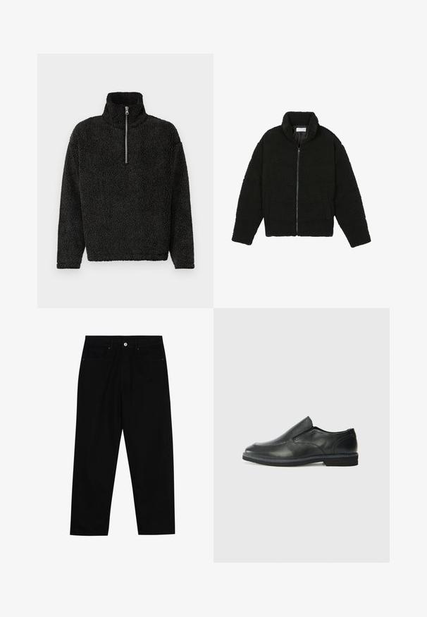 Zwarte faux fur jas met een hoge kraag, ritssluiting, elastische manchetten en een doorgestikt ontwerp. Beschikt over zijzakken en een zachte textuur.; Zwarte fleece pullover met een hoge kraag en een kwart-ritssluiting aan de voorkant. Bevat een zacht, textuurstof en lange mouwen.; Zwarte denim broek met een recht gesneden pasvorm, vijf gebruikersvriendelijke zakken en een sluiting met een knoop aan de voorkant. Soepele textuur met minimale stikdetails.; Zwarte leren instapper met een soepele bovenkant, gestikte accenten, ronde neus en een lage rubberen hak. De zool heeft minimale profiel.