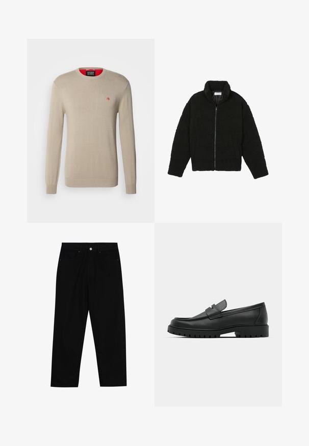 Chaqueta de pelaje sintético negro con cuello alto, cierre de cremallera, puños elásticos y un diseño acolchado. Cuenta con bolsillos laterales y una textura suave.; Suéter de punto beige con mangas largas, cuello redondo y un pequeño logo rojo en el pecho. Presenta puños y dobladillo acanalados.; Pantalones de mezclilla negra con corte recto, diseño de cinco bolsillos y cierre frontal con botón. Textura suave con detalles de costura mínimos.; Mocasines de cuero negro con punta redonda, que cuentan con un diseño cosido, suela de plataforma baja y una suela de goma texturada y con tacos.