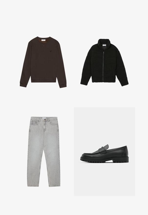 Černá umělá kožešinová bunda s vysokým límcem, zipovým uzávěrem, elastickými manžetami a prošívaným designem. Obsahuje postranní kapsy a jemnou texturu.; Pier One Mikina - dark brown; Světlé šedé džíny s rovnými nohavicemi, pět kapsami a knoflíkovým zapínáním. Viditelné švy podél švů.; Černé kožené mokasíny s kulatou špičkou, zdobené prošitím, s nízkou platformou a texturovanou gumovou podrážkou s drážkováním.