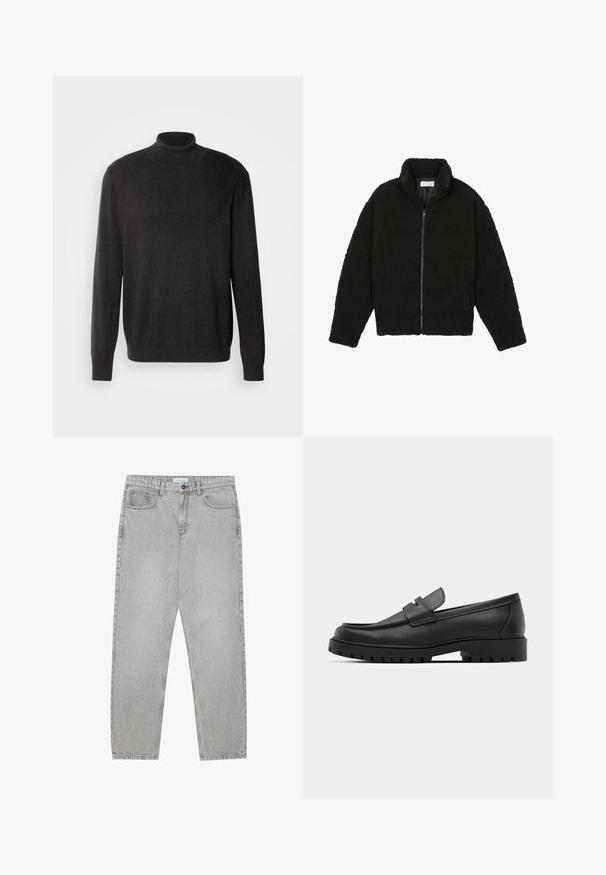 Svart fuskepelsjakke med høy krage, glidelås, elastiske mansjetter og quiltet design. Har sidelommer og en myk tekstur.; Mørk grå høyhalset genser laget av et mykt, teksturert stoff; har lange ermer og en tettsittende silhuett, med ribbestrikket krage og hem.; Lys grå denimbukser med rett ben-design, fem lommer og knappelukking. Synlig søm langs sømmene.; Sorte lærloafere med rund tå, med en syddesign, lav plattformsåle og en teksturert, ruggede gummisåle.