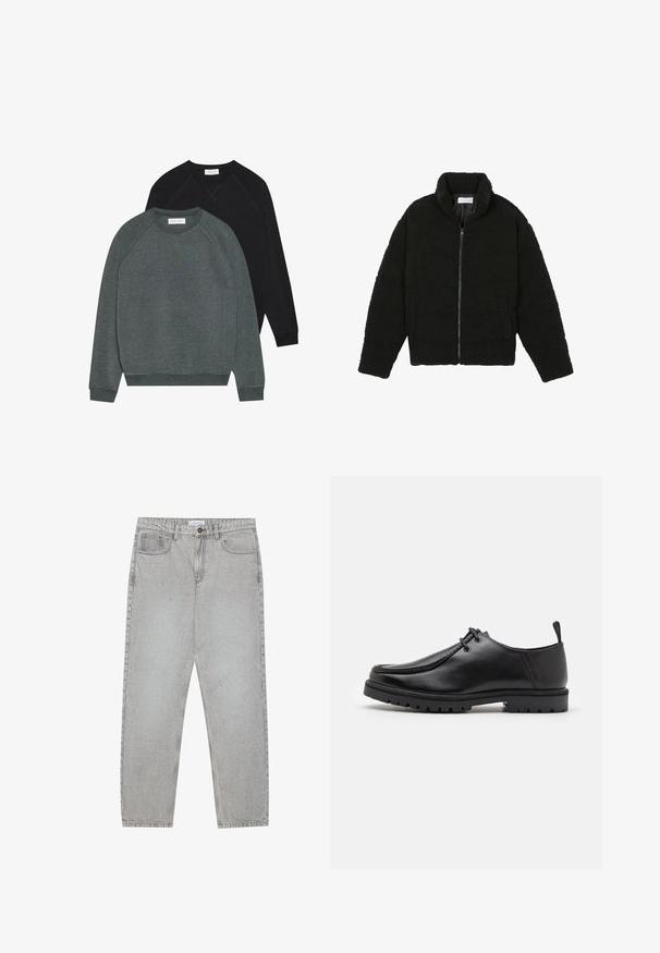 Giacca in pelliccia sintetica nera con colletto alto, chiusura con zip, polsini elasticizzati e design trapuntato. Presenta tasche laterali e una consistenza morbida.; Due felpe con collo a girocollo: una verde scuro e una nera. Entrambe hanno maniche raglan, polsini a coste e un tessuto morbido e texture.; Pantaloni in denim grigio chiaro con design a gamba dritta, stile a cinque tasche e chiusura con bottone. Cuciture visibili lungo le cuciture.; Scarpa nera in pelle con lacci e suola robusta, con un pratico anello sul tallone, vista di lato su sfondo bianco.