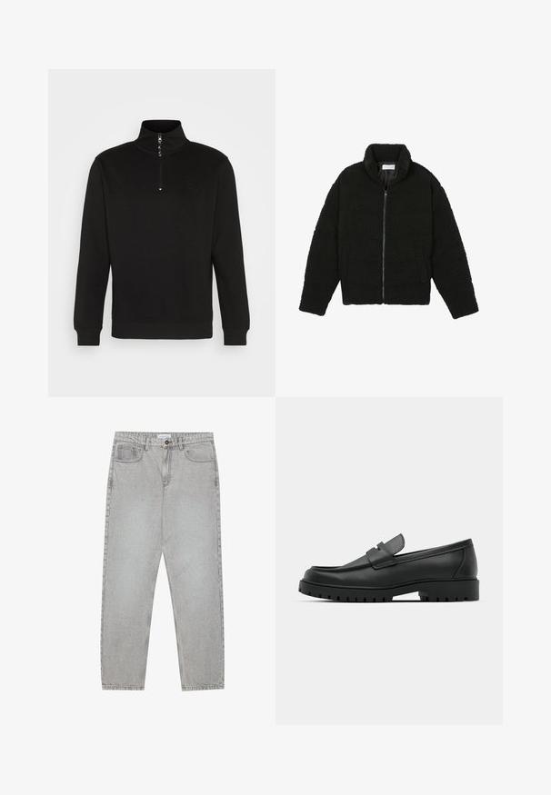 Svart faux fur-jacka med hög krage, dragkedjestängning, elastiska manschetter och ett kviltat mönster. Har sidofickor och en mjuk textur.; Svart kvart-dragkedja sweatshirt med hög krage, ribbade ärmar och en subtil logotyp, tillverkad av mjukt, texturerat tyg.; Ljusgrå denimbyxor med rak benform, femficksdesign och knappstängning. Synliga sömmar längs sömmarna.; Svarta lädersneakers med rund tå, med en sydd design, låg plattformssula och en texturerad, mönstrad gummisula.