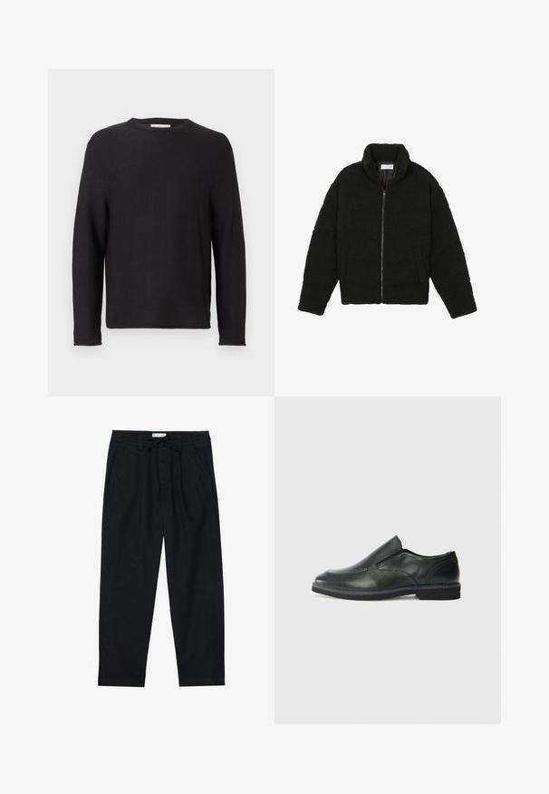 Černá umělá kožešinová bunda s vysokým límcem, zipovým uzávěrem, elastickými manžetami a prošívaným designem. Obsahuje postranní kapsy a jemnou texturu.; Černý pletený svetr s kulatým výstřihem a dlouhými rukávy. Má ribbovaný vzor a prošívané lemy, s cedulkou na výstřihu.; Pier One Chino kalhoty - black; Černá kožená nazouvací bota s hladkým svrškem, prošívanými detaily, zaoblenou špičkou a nízkým gumovým podpatkem. Podešev má minimální vzorek.