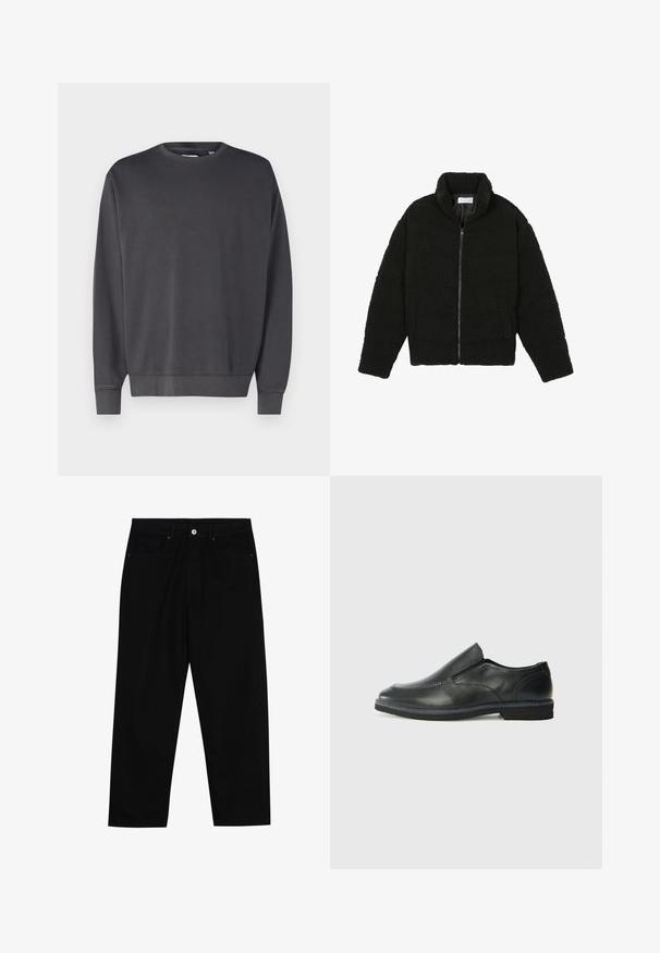Giacca in pelliccia sintetica nera con colletto alto, chiusura con zip, polsini elasticizzati e design trapuntato. Presenta tasche laterali e una consistenza morbida.; Felpa grigia scura con collo rotondo, maniche lunghe e polsini e orlo a costine. Realizzata in un tessuto morbido e testurizzato. Design semplice, senza loghi visibili.; Pantaloni in denim nero con taglio dritto, design a cinque tasche e chiusura frontale con bottone. Tessuto liscio con dettagli di cucitura minimi.; Scarpa nera in pelle con inserto scivolare, superiore liscio, dettagli cuciti, punta arrotondata e tacco in gomma basso. La suola presenta un battistrada minimale.