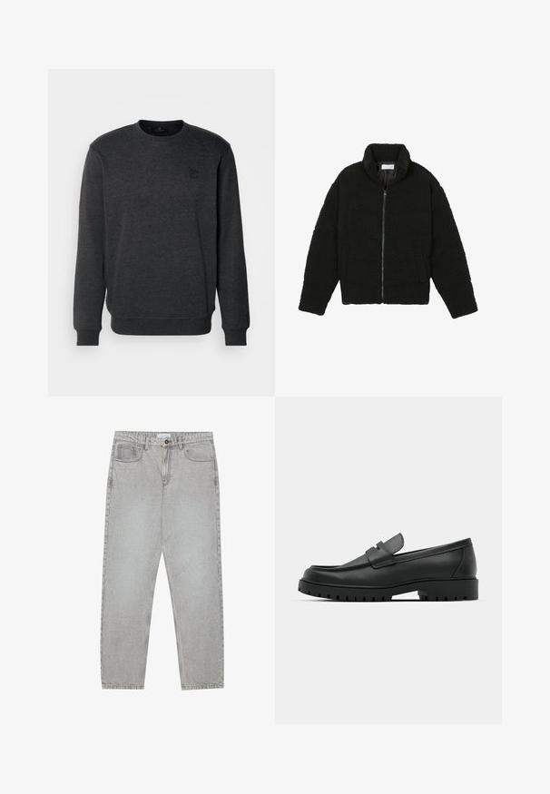 Veste en fausse fourrure noire avec un col haut, fermeture éclair, poignets élastiques et un design matelassé. Elle possède des poches latérales et une texture douce.; Sweatshirt gris foncé en tissu doux, avec un col rond, des manches longues, et un petit logo en relief sur le devant.; Pantalon en denim gris clair avec une coupe droite, cinq poches et une fermeture à bouton. Coutures visibles le long des coutures.; Mocassins en cuir noir à bout arrondi, avec un design cousu, une semelle plateforme basse et une semelle en caoutchouc texturée et crantée.