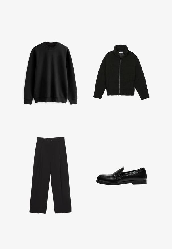 Crna jakna od umjetnog krzna s visokim ovratnikom, zatvaranjem na zip, elastičnim manžetama i kviltanim dizajnom. Sadrži bočne džepove i mekanu teksturu.; Next TEXTURE CREW - Sportska majica - black; Crne široke hlače od glatkog materijala, s ravnim pojasom, prednjim nabranim detaljima i zatvaranjem na jedan gumb.; Crna kožna loafer cipela s glatkom površinom, koja ima šavnu obradu na gornjem dijelu i nisku, čvrstu crnu gumenu podlogu.