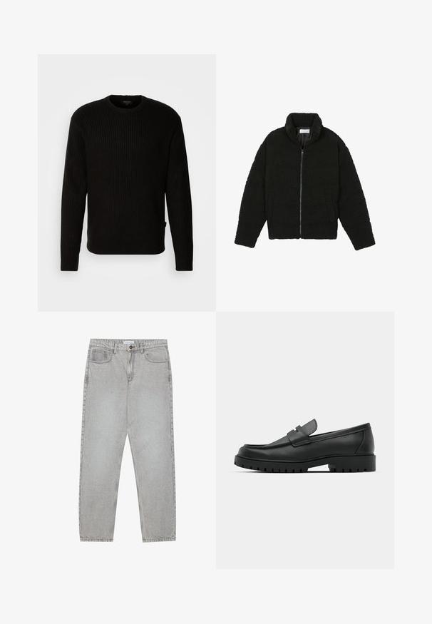 Black faux fur jacket with a high collar, zip closure, elastic cuffs, and a quilted design. Features side pockets and a soft texture.; Black ribbed sweater with a round neckline and long sleeves. Made from a textured fabric. Features a small brand tag at the hem.; Light grey denim pants with a straight-leg design, five-pocket styling, and a button closure. Visible stitching along the seams.; Black leather loafers with a rounded toe, featuring a stitched design, low platform sole, and a textured, lugged rubber outsole.