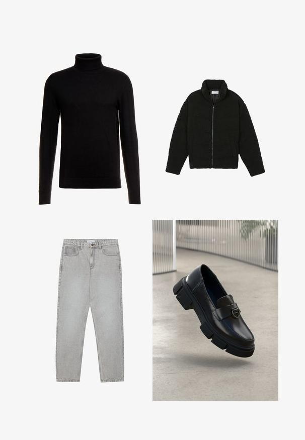 Fekete műszőrme dzseki magas gallérral, cipzáros záródással, rugalmas mandzsettákkal és steppelt mintázattal. Oldalsó zsebekkel rendelkezik, és puha tapintású.; Fekete garbó pulóver puha, kötött anyagból; hosszú ujjakkal és bordázott széllel, valamint gallérral rendelkezik, amely illeszkedő sziluettet biztosít.; Világosszürke farmernadrág egyenes szabással, öt zsebes stílusban, gombos záródással. Látható varrások az illesztéseknél.; Fekete bőr loaferek vastag gumitalppal és markáns futófelülettel. Elülső pánttal rendelkezik, amely kerek fém díszítéssel van ellátva.