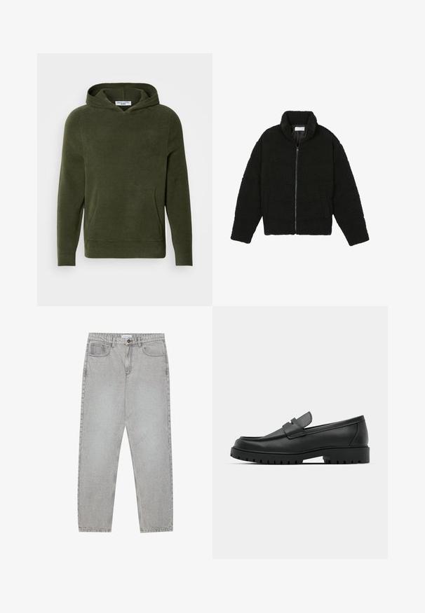 Melnā mākslīgā kažokādas jaka ar augstu apkakli, ar rāvējslēdzēju, elastīgām piedurknēm un kvadrātveida šuvēm. Iespējotas sānu kabatas un mīksta tekstūra.; Oļīvu zaļš kapuce džemperis ar ribotu tekstūru, priekšējo kabatu un garām piedurknēm. Vienkāršs dizains bez redzamām grafiskām vai akcentiem.; Gai pelēko džinsu bikses ar taisnajām kājām, piecu kabatu stilu un pogu aizdari. Redzama šuvju apstrāde gar šuvēm.; Melnas ādas loafers ar noapaļotu purngalu, ar izšūtu dizainu, zemu platformas zoli un teksturētu, rievotu gumijas ārējo zoli.
