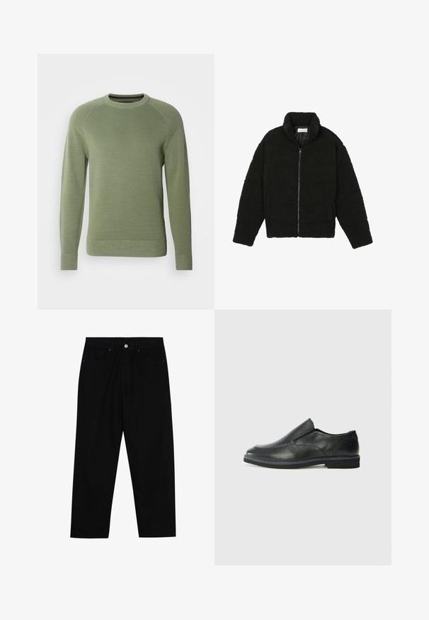 Giacca in pelliccia sintetica nera con colletto alto, chiusura con zip, polsini elasticizzati e design trapuntato. Presenta tasche laterali e una consistenza morbida.; Marc O'Polo CREWNECK WITH RAGLAN WAVE STRUCTURE - Maglione - victorian mist; Pantaloni in denim nero con taglio dritto, design a cinque tasche e chiusura frontale con bottone. Tessuto liscio con dettagli di cucitura minimi.; Scarpa nera in pelle con inserto scivolare, superiore liscio, dettagli cuciti, punta arrotondata e tacco in gomma basso. La suola presenta un battistrada minimale.