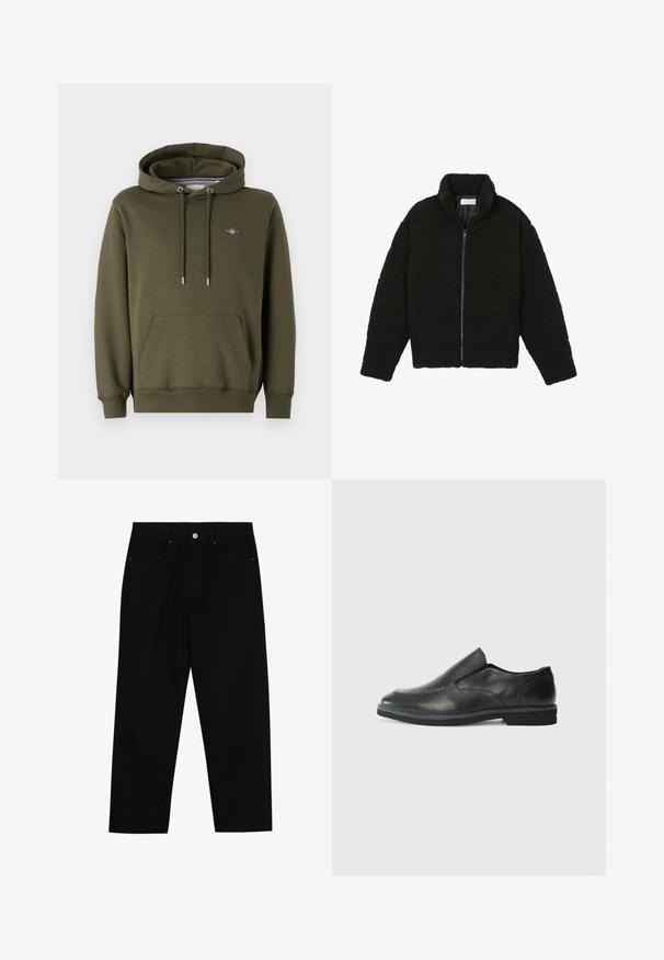 Fekete műszőrme dzseki magas gallérral, cipzáros záródással, rugalmas mandzsettákkal és steppelt mintázattal. Oldalsó zsebekkel rendelkezik, és puha tapintású.; Olívazöld kapucnis pulóver pamut keverék szövetből, elülső zsebbel, állítható húzózsinórral és egy kis logóval a mellkason.; Fekete farmernadrág, egyenes szabással, öt zsebből álló dizájnnal és elülső gombos záródással. Simább felület minimális varrási részletekkel.; Fekete bőr, slip-on cipő sima felsőrésszel, varrott díszítéssel, lekerekített orral és alacsony gumitalppal. A talpa minimális bordázattal rendelkezik.