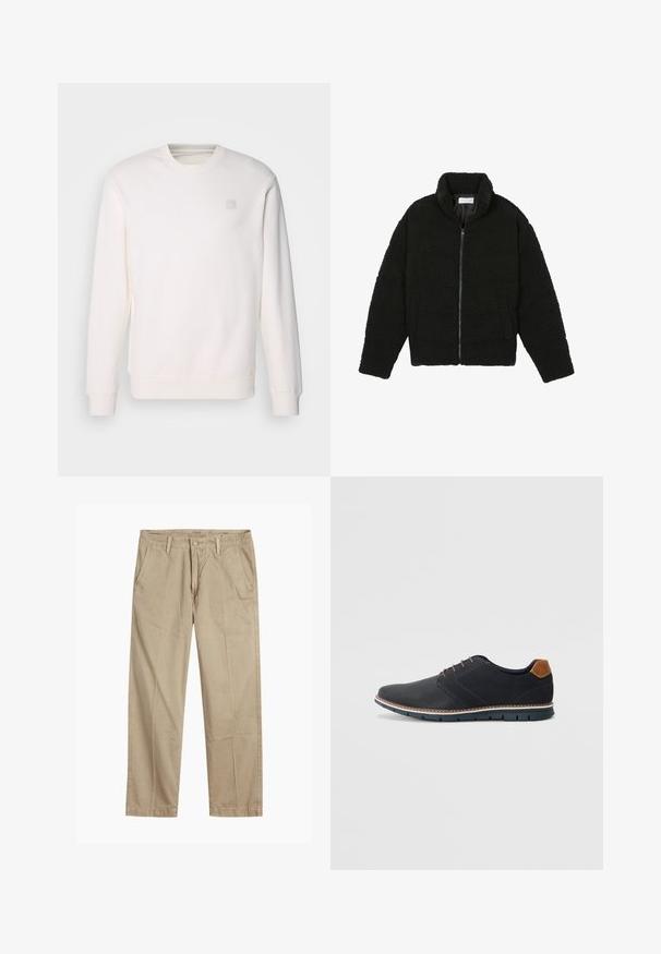 Black faux fur jacket with a high collar, zip closure, elastic cuffs, and a quilted design. Features side pockets and a soft texture.; White sweatshirt made of soft fabric, featuring a round neckline, long sleeves, ribbed cuffs, and a small square logo on the chest.; Beige straight-leg chinos with belt loops, front button and zipper closure, and slant front pockets.; Black synthetic shoes with a textured upper, smooth accents, brown heel, and a contrasting sole. Features minimal lacing and stitch details.