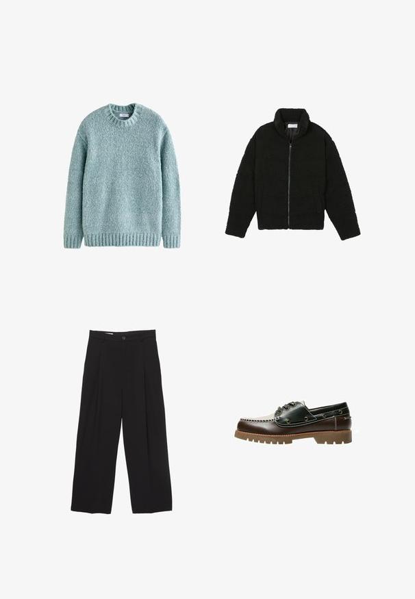 Giacca in pelliccia sintetica nera con colletto alto, chiusura con zip, polsini elasticizzati e design trapuntato. Presenta tasche laterali e una consistenza morbida.; Maglione lavorato a maglia di un colore verde chiaro con scollo rotondo, polsi e orlo a costine. Realizzato in filato testurizzato, presenta un design accogliente adatto per l'abbigliamento informale.; Pantaloni neri a gamba larga realizzati in tessuto morbido, con vita piatta, pinces frontali e chiusura con un bottone.; Scarpe da barca in pelle marrone e verde con un design cucito bianco, lacci tondi e una suola in gomma testurizzata. Costruzione resistente con occhielli in metallo.