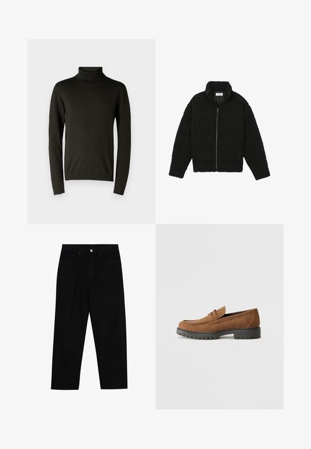 Black faux fur jacket with a high collar, zip closure, elastic cuffs, and a quilted design. Features side pockets and a soft texture.; Dark green turtleneck sweater made of soft knit material, featuring long sleeves and ribbed cuffs and hem. Smooth texture with minimal detailing.; Black denim pants featuring a straight-leg cut, five-pocket design, and a front button closure. Smooth texture with minimal stitching details.; Brown suede loafers with a rounded toe and a low black rubber sole, featuring a decorative strap and stitching details on the upper.
