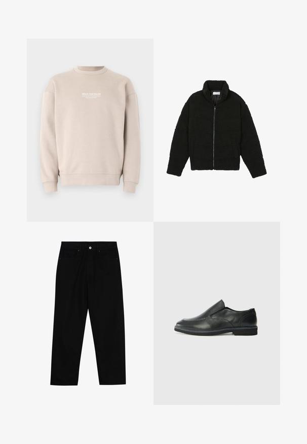 Fekete műszőrme dzseki magas gallérral, cipzáros záródással, rugalmas mandzsettákkal és steppelt mintázattal. Oldalsó zsebekkel rendelkezik, és puha tapintású.; Világos bézs színű pulóver, puha anyagból készült, kerek nyakú dizájnnal. A mellrészen fehér színű logó található, valamint bordázott mandzsetta és alsó szegély jellemzi.; Fekete farmernadrág, egyenes szabással, öt zsebből álló dizájnnal és elülső gombos záródással. Simább felület minimális varrási részletekkel.; Fekete bőr, slip-on cipő sima felsőrésszel, varrott díszítéssel, lekerekített orral és alacsony gumitalppal. A talpa minimális bordázattal rendelkezik.