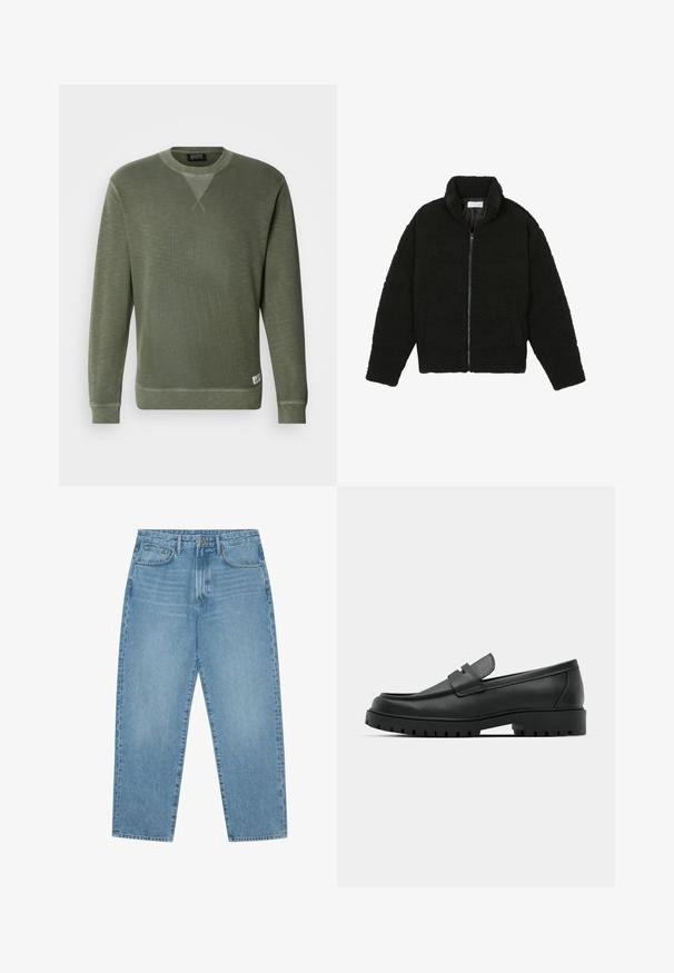 Must must karusnahast jakk kõrge kraega, lukuga sulgemine, elastsed varrukad ja tikandmuster. Omab küljetaskuid ja pehmet tekstuuri.; Roheline pusak, mis on valmistatud tekstureeritud kangast, ümarate kaelustega, pikkade varrukatega ja väikese brändi sildiga vasakus alumises servas.; Heledad tumesinised lai jalgadega teksad kõrge vöökohtaga, millel on viis taskut, vöökohad ja pehme, kergelt pleekinud tekstuur.; Mustad musta nahast loafers, millel on ümar varvas, tikandiga disain, madal platvorm-soon ja tekstureeritud, soonikkummist välistald.