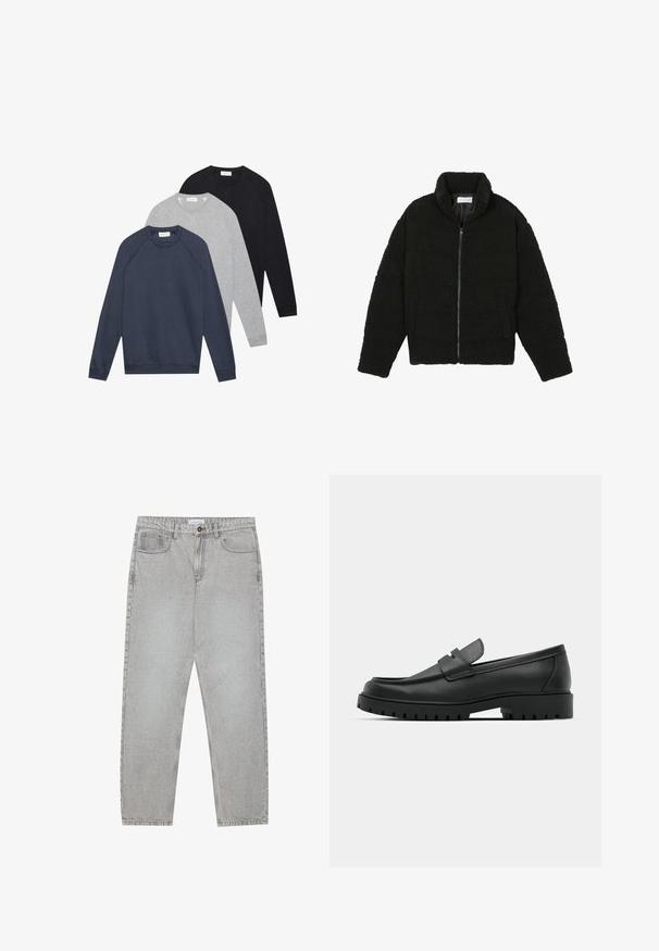Giacca in pelliccia sintetica nera con colletto alto, chiusura con zip, polsini elasticizzati e design trapuntato. Presenta tasche laterali e una consistenza morbida.; Tre felpe a maniche lunghe con collo girocollo, nei colori blu navy, grigio chiaro e nero, sovrapposte e adagiate su uno sfondo bianco.; Pantaloni in denim grigio chiaro con design a gamba dritta, stile a cinque tasche e chiusura con bottone. Cuciture visibili lungo le cuciture.; Mocassini in pelle nera con punta rotonda, caratterizzati da un design cucito, suola piatta bassa e un battistrada in gomma testurizzata e scolpita.