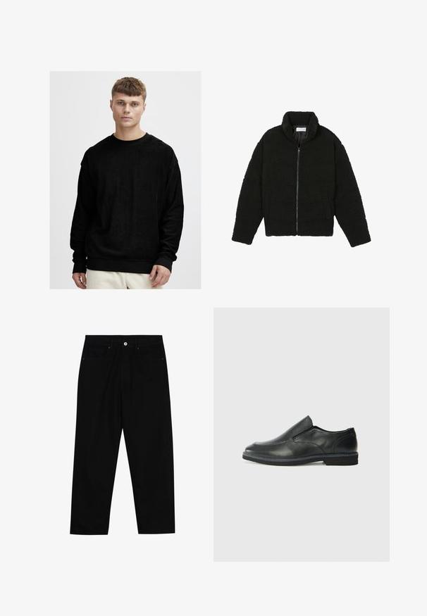 Must must karusnahast jakk kõrge kraega, lukuga sulgemine, elastsed varrukad ja tikandmuster. Omab küljetaskuid ja pehmet tekstuuri.; Mustmust mustriided pusa pehmete struktuurse kangaga. Omab ümarat kaelust ning kontrastseid musti soonikkoes käe- ja allääriseid.; Mustadest denimist püksid, millel on sirge jalg, viie tasku disain ja eesnupuga sulgur. Sile tekstuur koos minimaalsete õmblustega.; Must musta laia suuga king, millel on sile ülemine osa, õmmeldud detailid, ümmargune nina ja madal kummist konts. Tallal on minimaalne mustr.